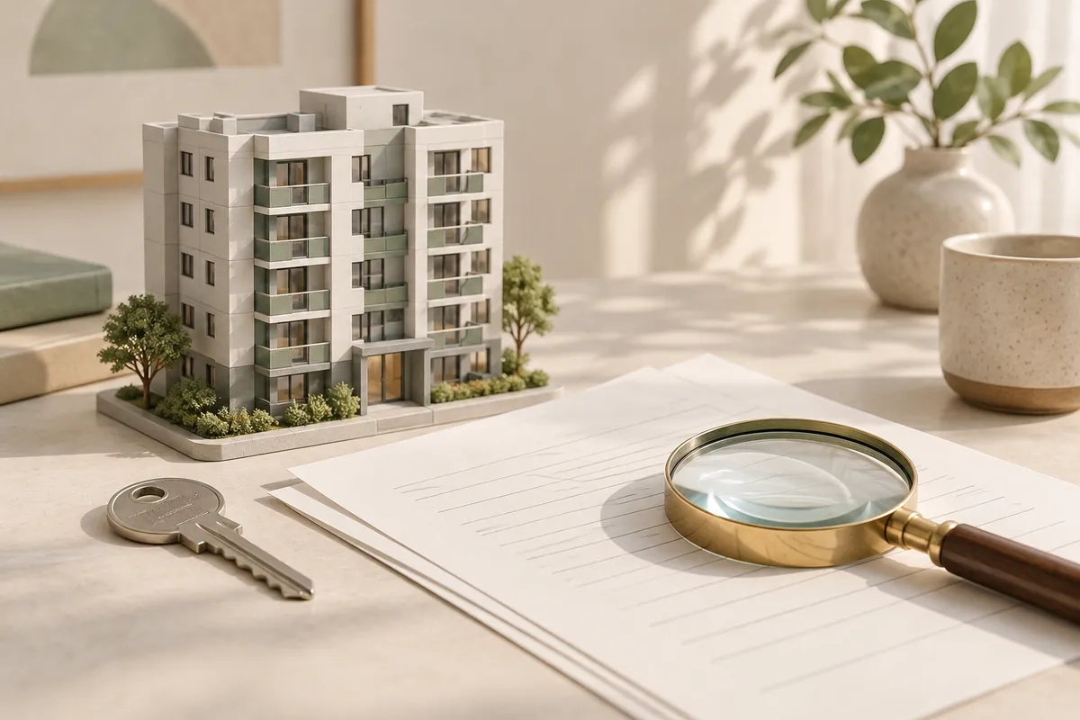공동주택 모형과 열쇠, 계약 확인을 위한 서류와 돋보기